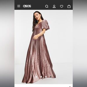 ASOS DESIGN twist back pleated empire waist velvet maxi dress in rose gold
